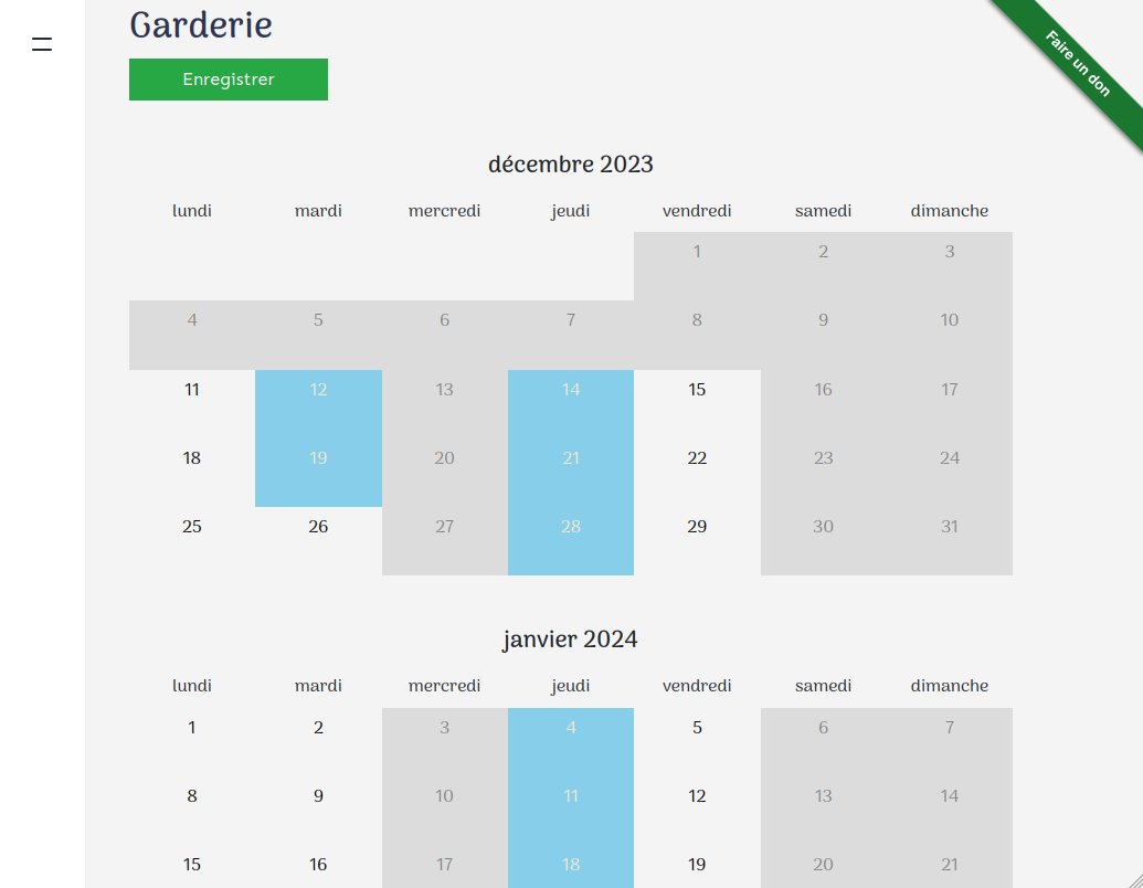 A calendar used to book cafeteria and childcare